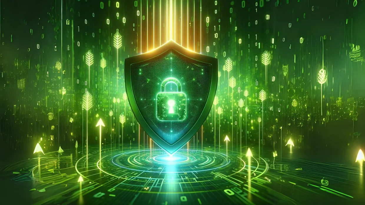 A green shield surrounded by binary code symbolizing cybersecurity protecting businesses from hackers