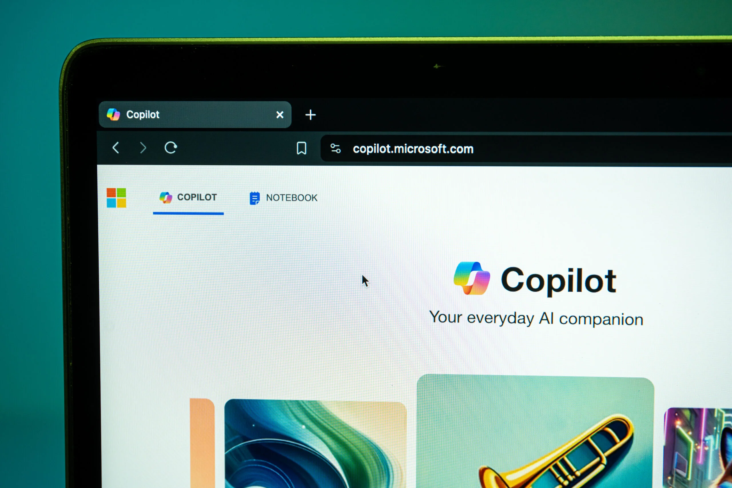 Screenshot of Microsoft Copilot's homepage featuring AI-driven productivity tools with the tagline 'Your everyday AI companion'