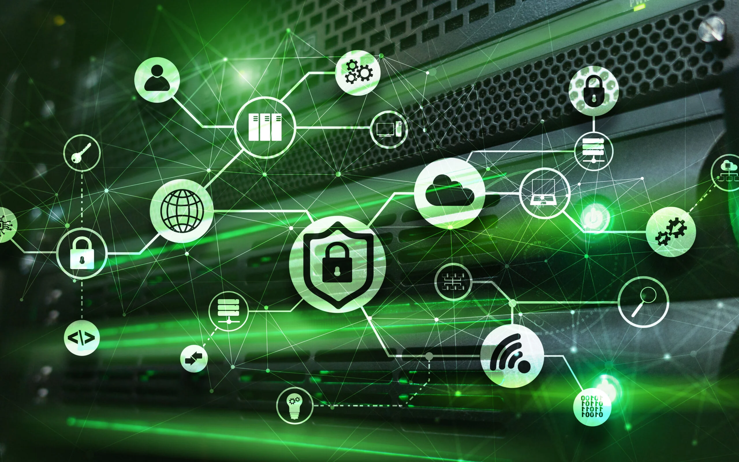 Digital illustration showing managed IT services icons, secure data flow, cloud, and cybersecurity connections in action.